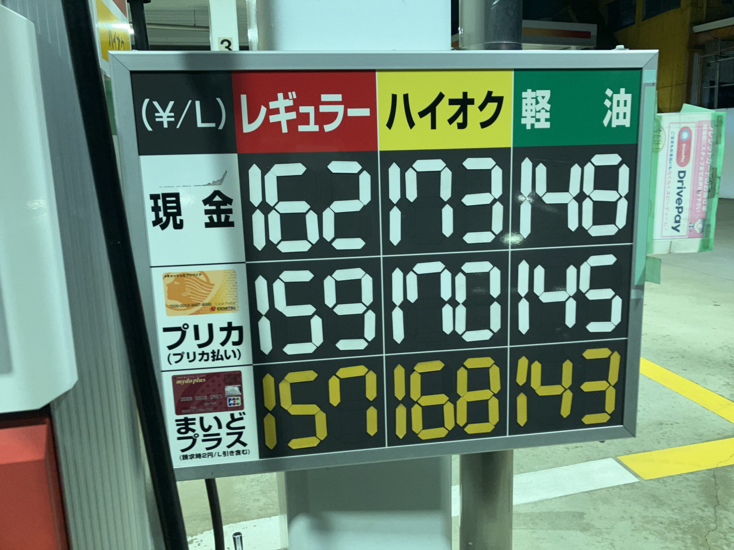 レギュラー162円とハイオク173円の価格差が分かるガソリンスタンドの価格表
