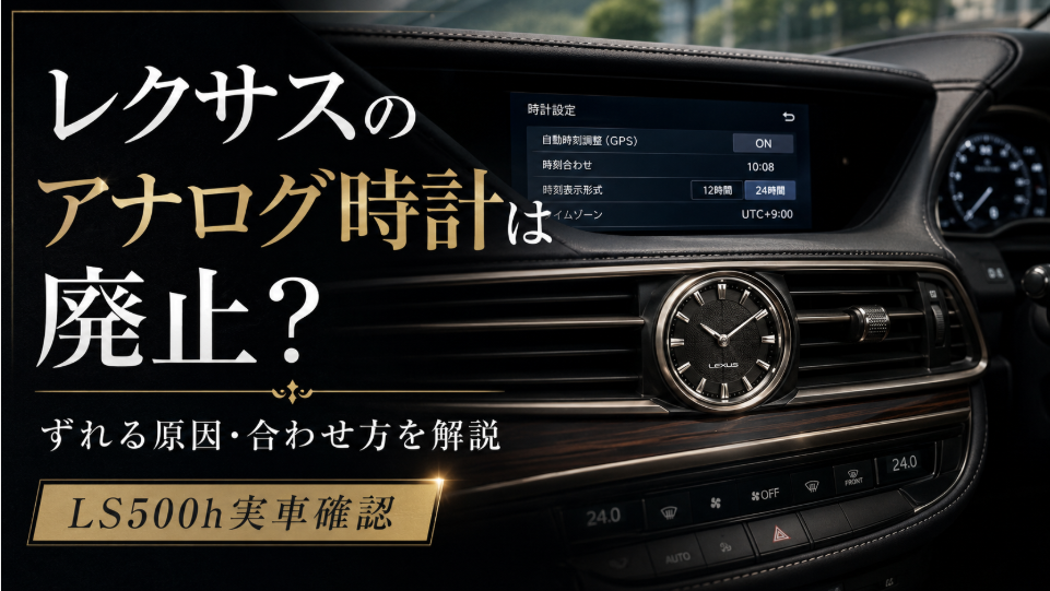 レクサスLS500hのアナログ時計と時計設定画面を示したアイキャッチ画像