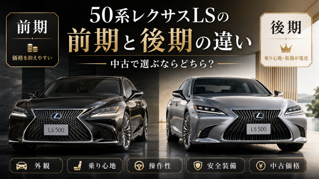 50系レクサスLSの前期型と後期型を比較したアイキャッチ画像。外観・乗り心地・操作性・安全装備・中古価格の違いを解説