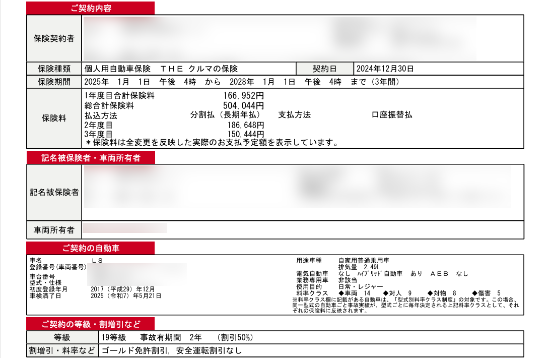2017年式レクサスLS500hの3年契約における年度別自動車保険料の明細
