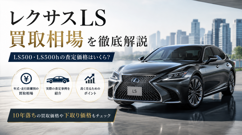 レクサスLSの買取相場を解説するアイキャッチ画像。LS500・LS500hの査定価格や10年落ちの買取価格、下取り価格を紹介