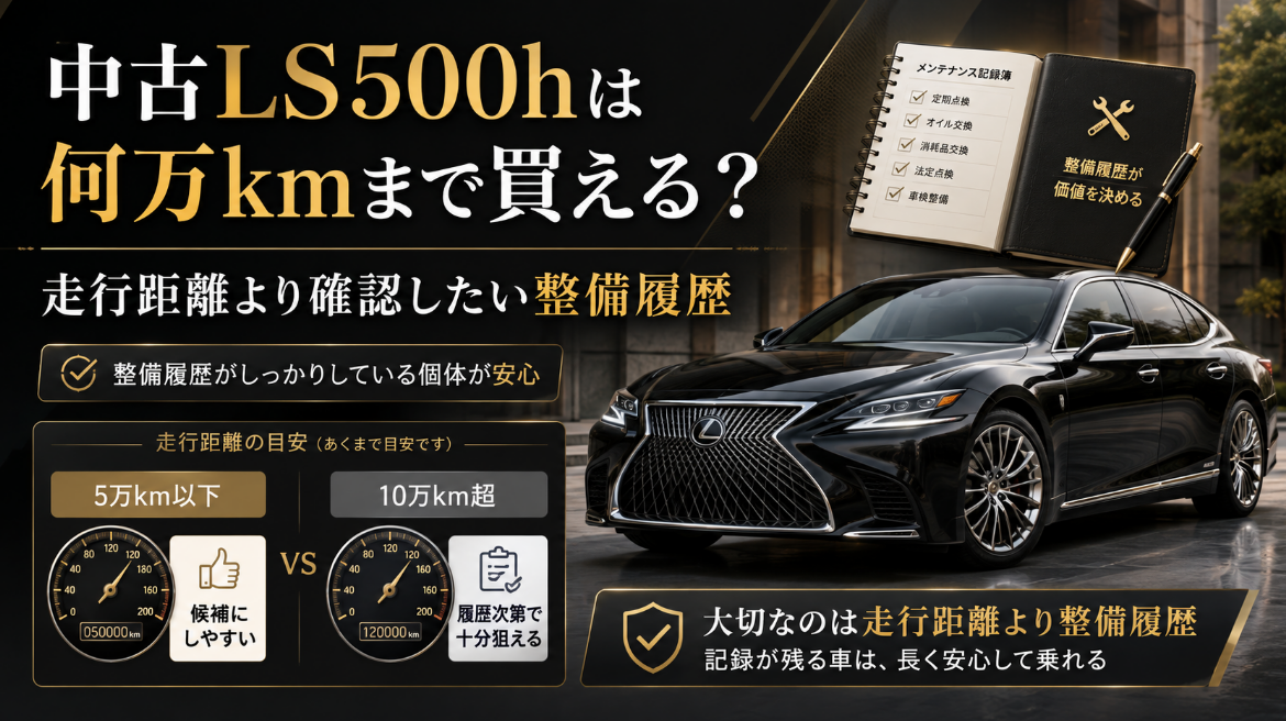 中古LS500hは何万kmまで買えるかを、5万km以下と10万km超の走行距離、整備履歴の重要性とともに紹介するアイキャッチ画像