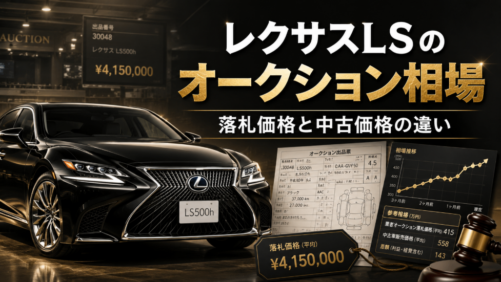 レクサスLSのオークション相場と落札価格・中古車価格の違いを解説するアイキャッチ画像